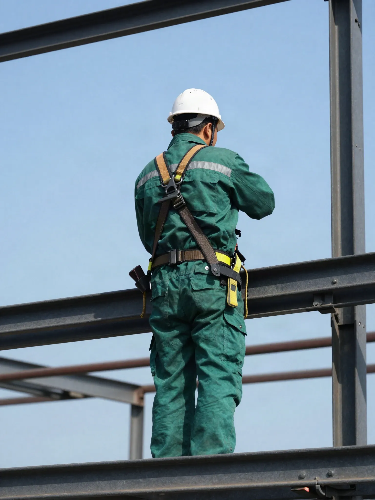 Trabalhador de costas, com capacete e cinto de segurança, numa estrutura metálica em altura